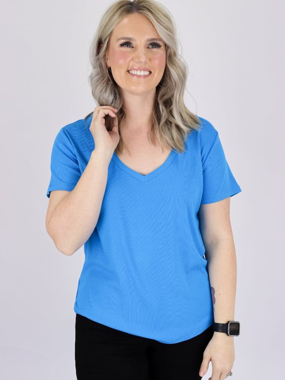 Alexander Jane Ribbed Basic V-neck Tee S Blue